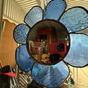 Blue Stained Glass Flower Mirror with charms